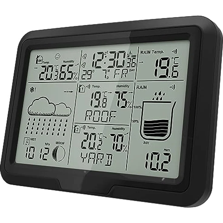 Miraval Design Funk-Wetterstation mit 2 benennbaren Sensoren, Regenmesser, Mondphasenanzeige und Alarmfunktion (Schwarz) – Bild 2