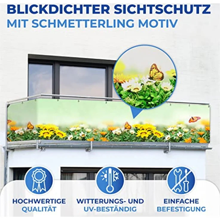 Maximex Balkon-Sichtschutz, praktischer Sichtschutz mit Schmetterlings-Motiv und hoher UV- und Witterungsbeständigkeit, schnelltrocknend und reißfest, 5 m – Bild 4