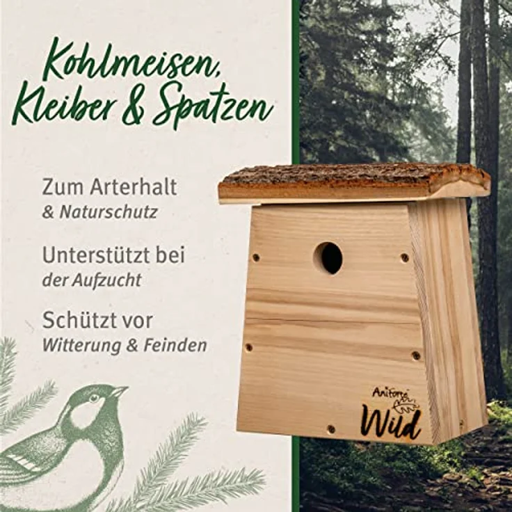 Aniforte Wild – Nistkasten für Kohlmeisen, Kleiber & Spatz, aus naturbelassenem Massivholz, in Handarbeit gefertigt & verschraubt, unbehandelt & wetterfest – Bild 3
