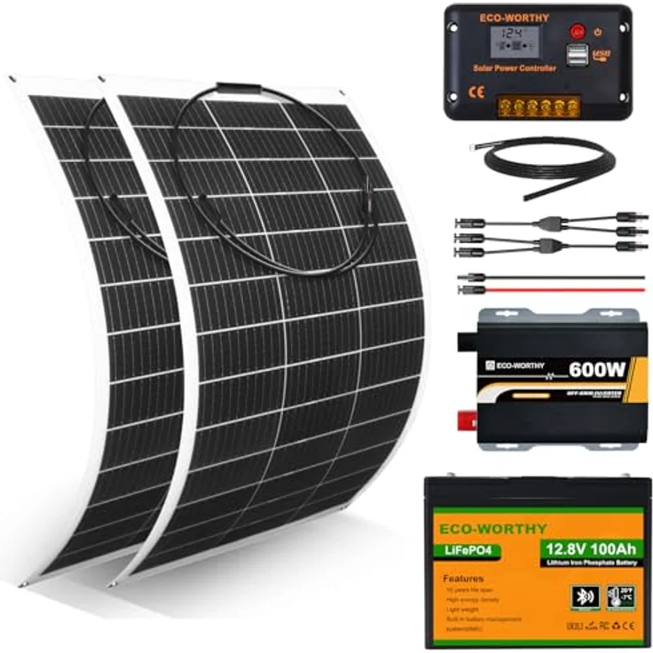 ECO-WORTHY 260W 12V Solarpanel Kit, 2 * 130W flexible Solarmodule, 100Ah LiFePO4 Batterie, 600W Sinuswechselrichter, 30A PWM Laderegler für Camper und Wohnmobile – Bild 1