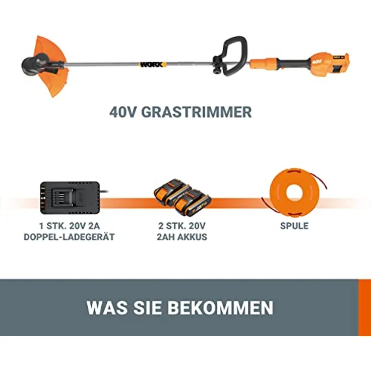 Worx PowerShare 20V Akku-Rasentrimmer WG183E, 33 cm, Li-Ionen, 40 V, 2 Ah, inkl. 2 Akkus, kabellos und leichtgewichtig – Bild 5