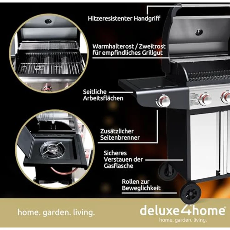 deluxe4home® Gasgrill BBQ Grillwagen mit Deckel I 3+1 Seitenbrenner XXL Grill Rollbar Seitenablage I inkl. Grillhandschuh und Grillthermometer I Rollgrill Standgrill – Bild 3