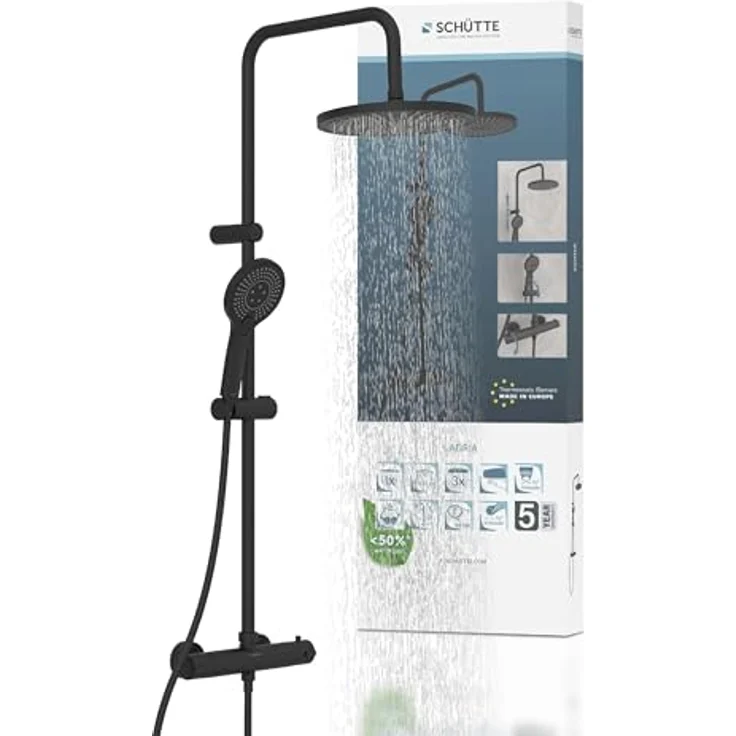 Schütte Duschsystem 'Adria', Thermostat schwarz, Handbrause mit 3 Strahlarten und knickfestem Brauseschlauch – Bild 1