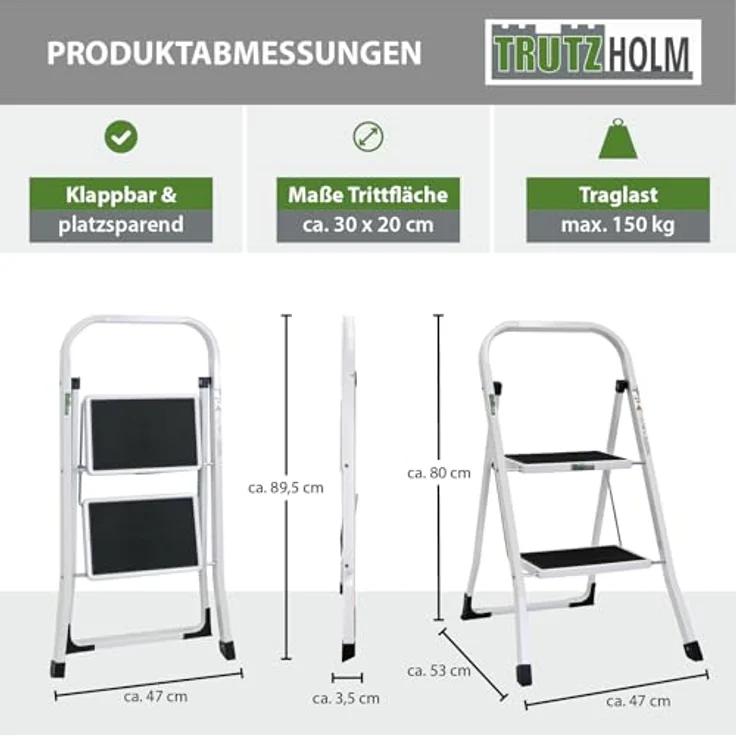 TRUTZHOLM Klapptrittleiter, 2 Stufen, TÜV/GS zertifiziert, 150 kg Traglast, Anti-Rutsch Trittflächen, Sicherheitsverriegelung, pulverbeschichteter Stahl (Weiß) – Bild 3