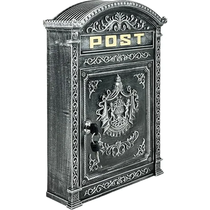relaxdays Briefkasten Antik, grau, Vintage-Design mit Zylinderschloss und breitem Briefschlitz – Bild 1