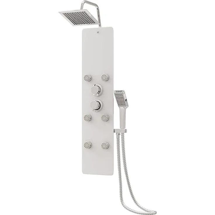 vidaXL Duschsystem Duschpaneel Glas 25x47,5x130 cm Weiß, mit Regendusche, Bodyjets und Handbrause – Bild 1