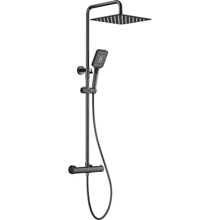 Rainsworth Duschsystem mit Thermostat, schwarze 30x30cm Regendusche, höhenverstellbare Duschstange und 3 Strahlarten – Bild 1