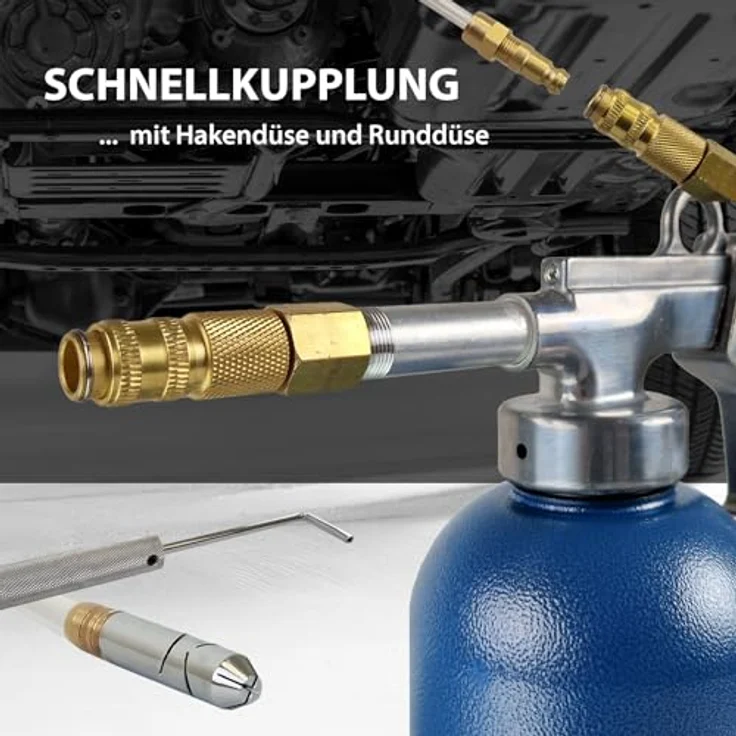 TRUTZHOLM Druckbecherpistole zur Hohlraumversiegelung, 1100 ml Tank, inkl. Runddüse, Hakendüse und Schläuche, blau – Bild 4