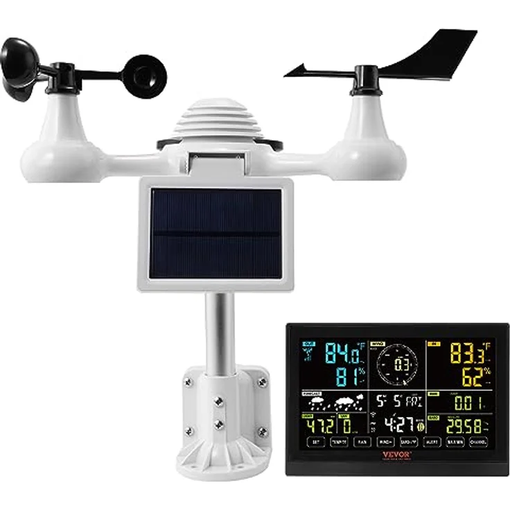 VEVOR WLAN-Wetterstation 7-in-1, solarbetrieben, 7,5 Zoll HD-Display, 150m Übertragungsreichweite, Außensensor für Windgeschwindigkeit, Temperatur, Luftfeuchtigkeit und Niederschlag – Bild 4