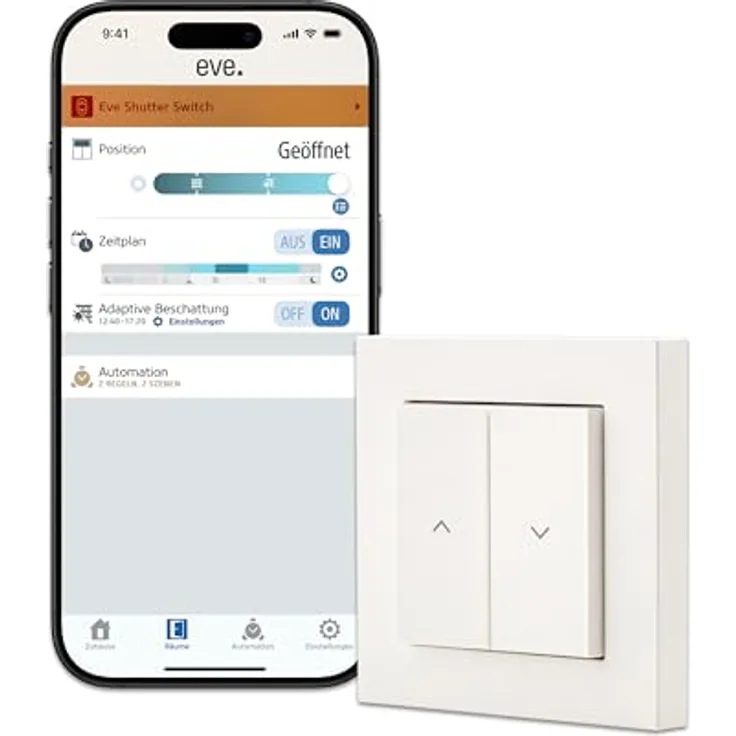 Eve Shutter Switch (Matter), Smarte Rollladensteuerung mit App- und Sprachsteuerung für Alexa, Apple Home, Google, SmartThings, benötigter Thread Border Router und Nullleiter