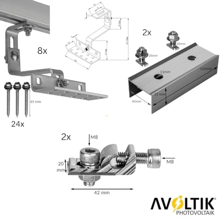 Avoltik Solar Halterung Ziegeldach | Montageset für 2 Paneele, 3-fach verstellbare Dachhaken, ALU-Schienen, für Solarmodule von 30-40mm dicke – Bild 3
