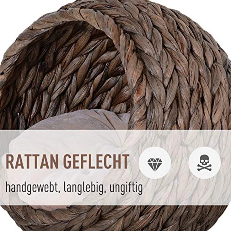 Pawhut Rattan Katzenkorb Katzenhöhle Katzenhütte Katzenbett mit Kissen Haustierbett Wasserhyazinthe Dunkelbraun 42 x 33 x 52 cm – Bild 5