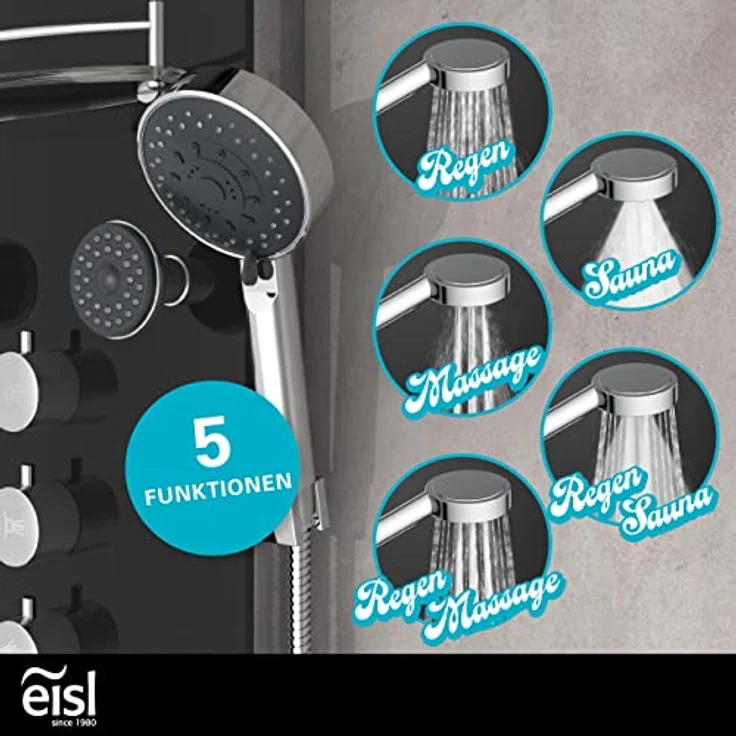 EISL ORSP-YMSBB KARIBIK Duschpaneel, Wellnessdusche 3 in 1 mit Regendusche, sechs Massagedüsen und Handbrause, Einhebel-Duscharmatur, einfach montierbar, Duschset aus Sicherheitsglas Schwarz – Bild 5