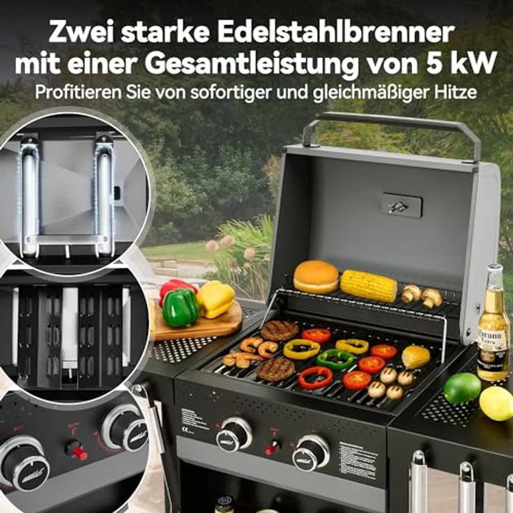 Royal Gourmet 2-Brenner Gasgrill, 5 kW Grillwagen mit klappbaren Seitenablagen, Ablagekorb und Thermometer für Balkon, Terrasse, Garten und Camping – Bild 4