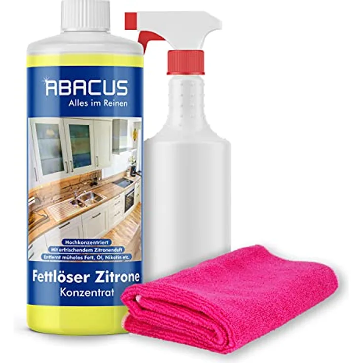 Set Fettlöser Zitrone Konzentrat, Zitronen Allzweckreiniger Konzentrat, Küchenreiniger Zitronenduft, Kraftreiniger, Universalreiniger – ABACUS Fettlöser Zitrone Konzentrat 1000 ml Set (7055)