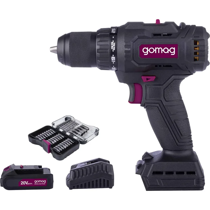 Scheppach Gomag Akku-Bohrschrauber GO-BS60BL, 20V mit 60 Nm Drehmoment, Starterkit 2,0 Ah Akku und 37-teiligem Bitschrauber-Set