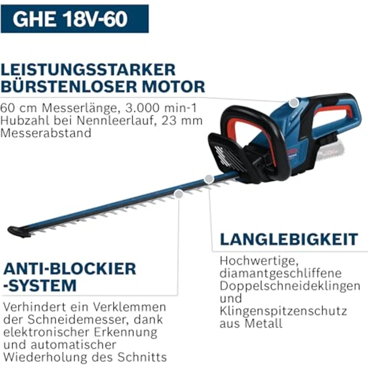 Bosch Professional Akku-Heckenschere GHE 18V-60, bürstenloser Motor, 20 mm Schnittleistung, ergonomisches Design – Bild 4
