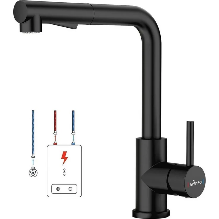 LuxusKollektion Niederdruck Küchenarmatur Schwarz, Ausziehbar mit 2 Strahlarten, 360° Flexibilität aus 304 Edelstahl