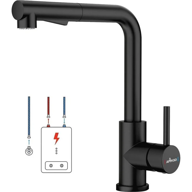 LuxusKollektion Niederdruck Küchenarmatur Schwarz, Ausziehbar mit 2 Strahlarten, 360° Flexibilität aus 304 Edelstahl