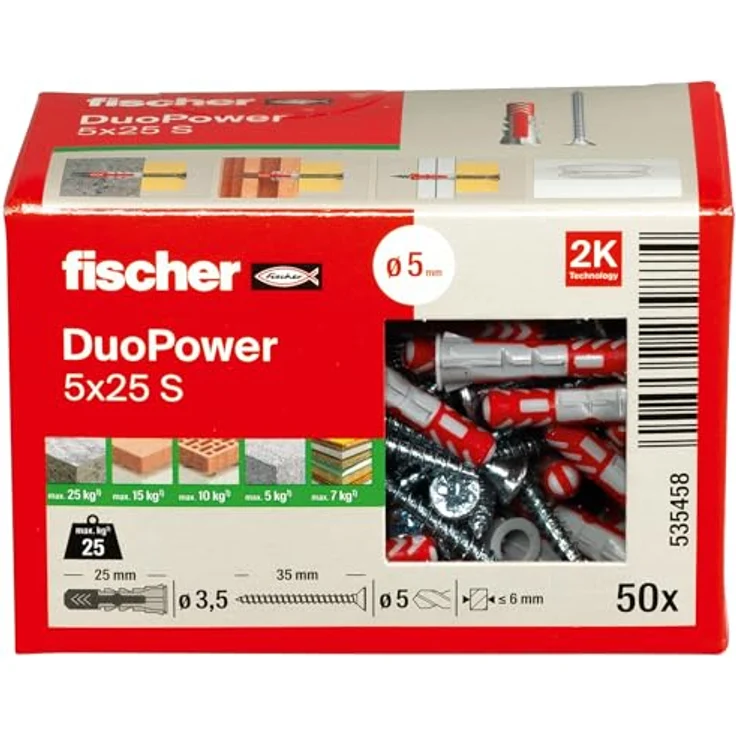 fischer DuoPower 5 x 25 S, Universaldübel mit Sicherheitsschraube, 2-Komponenten-Dübel für Beton, Ziegel, Stein, Gipskarton, 50 Dübel + 50 Schrauben – Bild 2