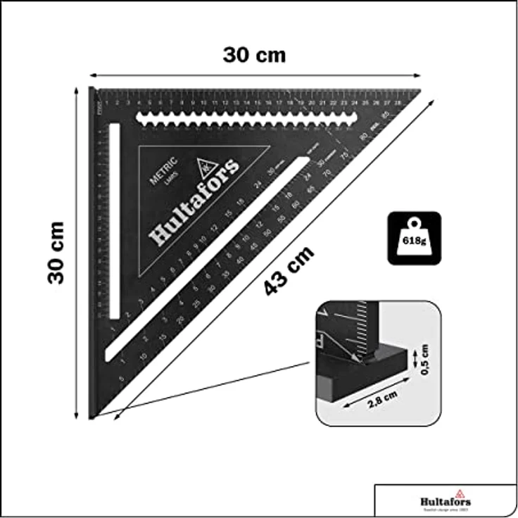 5-in-1 Anschlagdreieck 300mm I Hultafors I 300mm Zimmermannswinkel CNC gefräst aus Aluminium I Zimmererwinkel zum Anreißen, Messen & Zeichnen I Inkl. Umrechnungstabelle I 257040 – Bild 2