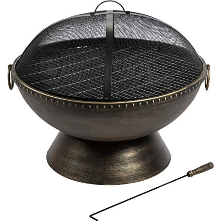 Teamson Home Garten Große Holzbefeuerte Feuerstelle, Gartenmöbel, Kaminofen, Feuerstellenheizung, Metall-Feuerschale, Holzbrenner mit Schürhaken und Deckel, metallisch – Bild 5