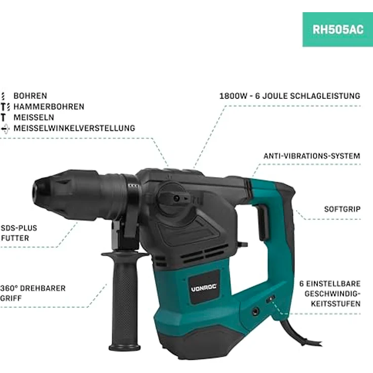 VONROC Bohrhammer Abbruchhammer 1800W, 6 Joule Schlagkraft, SDS Plus Futter, 820/min, inkl. Bohrer und Meißel für Beton, Stahl, Holz – Bild 2