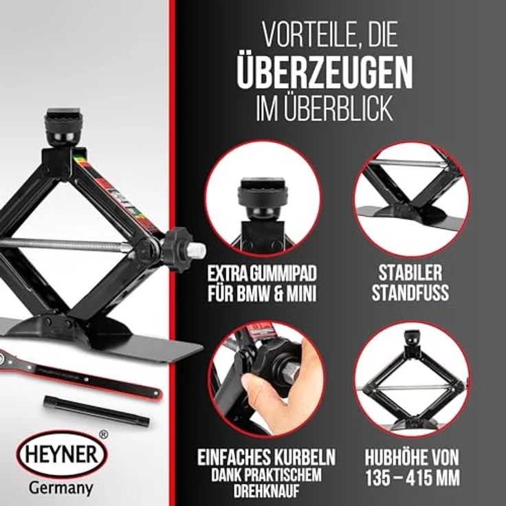 HEYNER® Scherenwagenheber Set 1,5 t für BMW 3er G20, Hubhöhe 112-395 mm, runder Sattel mit Gummiauflage, inkl. Ratsche, 17er Nuss, Drehknauf, großer Standfuß & Tasche – Bild 7