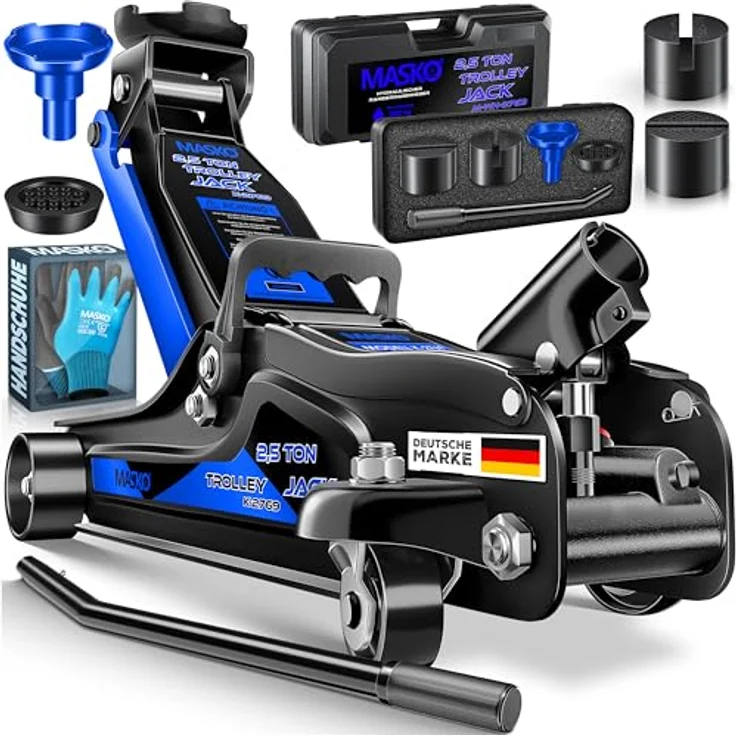 Masko Wagenheber hydraulisch Flache Hubhöhe + 2x Gummiauflage + Handschuhe KFZ Rangierwagenheber hydraulischer 360° Rollen Heber Unterstellbock, 2,5 Tonnen, Schwarz – Bild 2