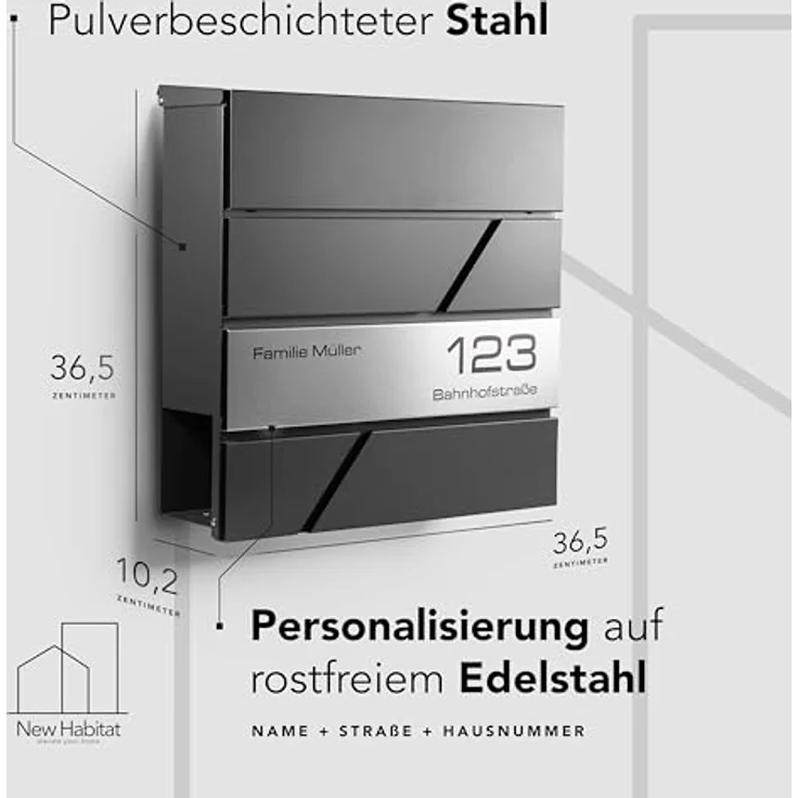 NewHabitat Moderner Briefkasten Anthrazit mit Zeitungsfach und Edelstahl Namensschild - Rostfrei und UV-beständig, inkl. Montagematerial – Bild 2