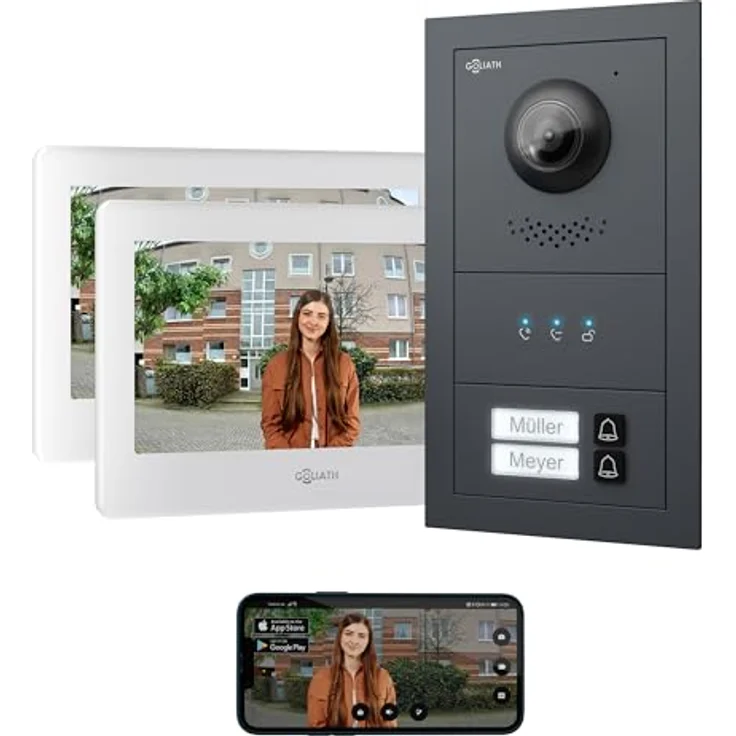 Goliath Intercom Video-Türsprechanlage Basic-Line, 7-Zoll Monitor, 170° HD Kamera, Weiß/Schwarz, für 2-Familienhaus, App-fähig, 2-Draht BUS Technologie – Bild 1
