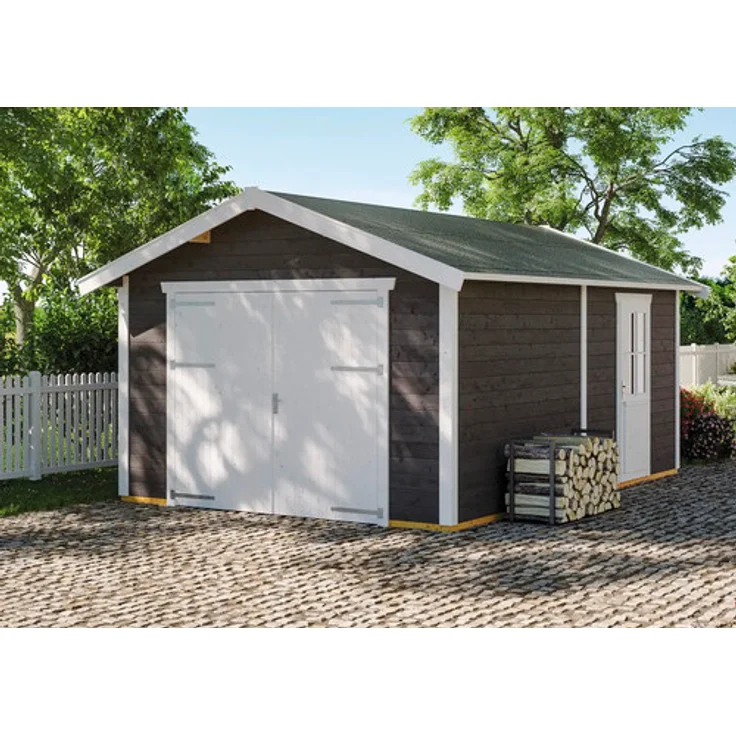 GartenHaus SKAN Holz Varberg 1 Einzelgarage 410 x 585 cm, schiefergrau, aus nordischem Fichtenholz mit 45 mm Wandstärke und Echtglas-Tür