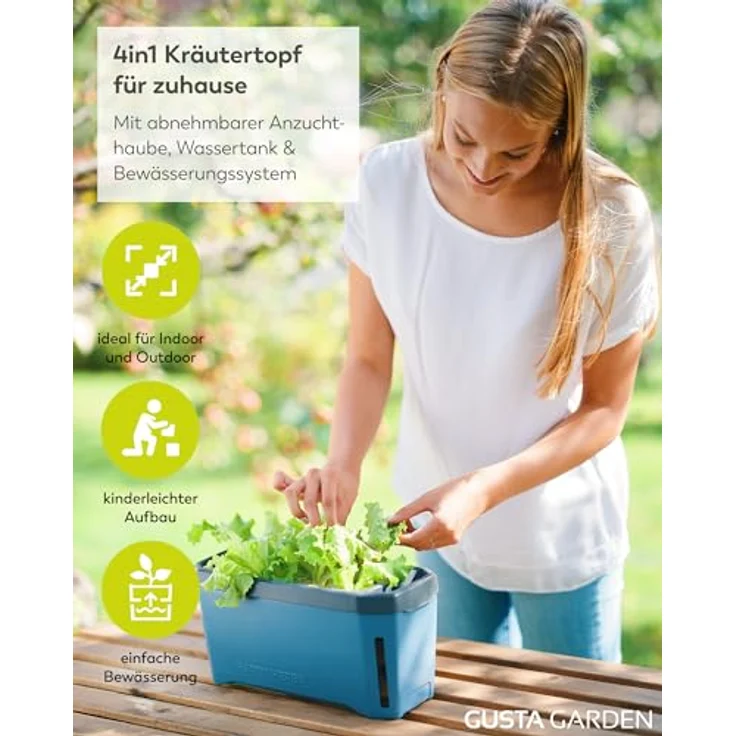 Gusta Garden HARRY HERBS Anzuchttopf, 4 in 1 Kräutertopf mit Wasserreservoir und Wasserstandsanzeige, blau mit Anzuchthaube – Bild 2