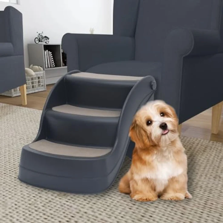 vidaXL Hunderampe Hundetreppe mit 3 Stufen Klappbar Dunkelgrau, 1,37 kg, für Haustiere bis 20 kg, rutschfeste Stufen – Bild 2
