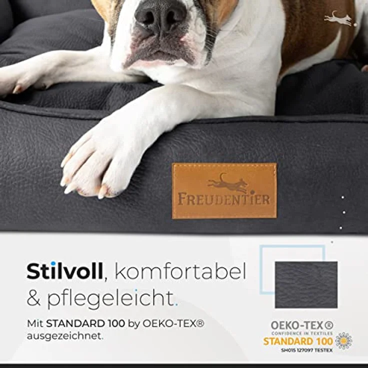 FREUDENTIER Hundebett orthopädisch Kunstleder, ergonomisches Hundesofa mit herausnehmbarem Liegekissen, waschbar, Oeko® TEX zertifiziert, für kleine, mittelgroße & große Hunde (M) – Bild 4