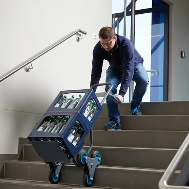 Relaxdays Treppensackkarre 200 kg, Transportkarre für Treppen mit 6-Rad-Konstruktion, höhenverstellbare Griffe, grau und blau – Bild 3