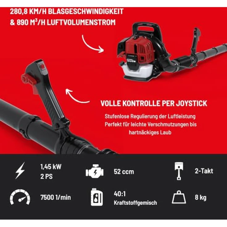Güde Benzin Rückenlaubbläser GRLB 1450-52 - 2-Takt-Motor 1,45 kW, 52 cm³, Joystick-Steuerung, stufenlose Luftregulierung, 281 km/h Blasgeschwindigkeit, gepolstertes Rückenteil, Rund- und Flachdüse – Bild 3