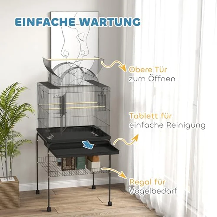 PawHut Vogelkäfig Wellensittichkäfig mit Tablett, Futterstation und Ablagefläche, Stahl Schwarz, 63 x 53 x 144 cm – Bild 6