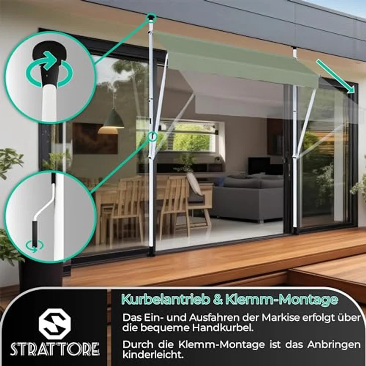 Strattore Klemmmarkise/Balkonmarkise Sonnenschutz Markise - ohne Bohren - Manuell einziehbar - 300 x 120 cm - Matcha Grün – Bild 2