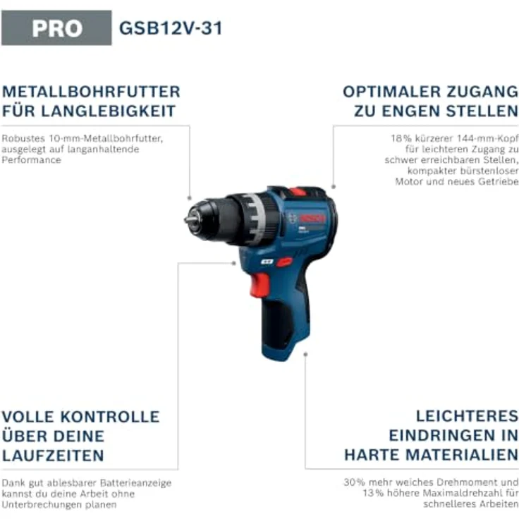 Bosch Professional Akku-Schlagbohrschrauber GSB12V-31, 12V, inkl. 2x Akku GBA, 25-teiliges Schrauberbit-Set, Werkzeugtasche – Bild 2