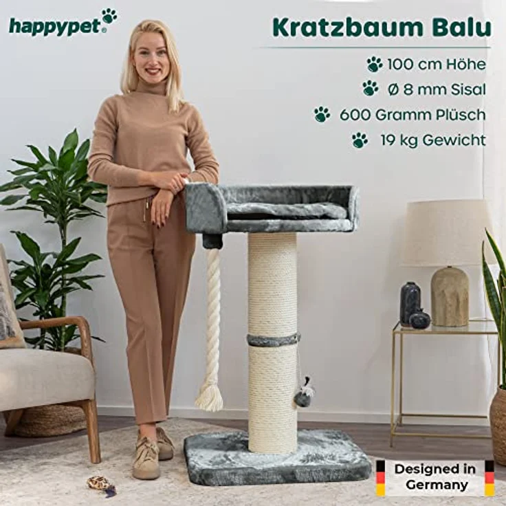 HAPPYPET Premium Kratzbaum 'Balu' Grosse Katzen Stabil - Katzenbaum, Kletterbaum, für Maine Coon, Ragdoll, Robustes Natursisal, Dicke Stämme 18 cm, 100 cm hoch, Grau – Bild 2