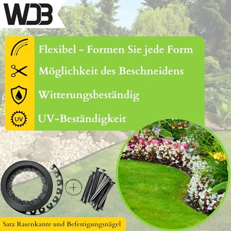 WDB Flexible Rasenkante aus Kunststoff, 30m lang, 4cm hoch, mit 60 Befestigungsnägeln, schwarz RAL 9005, wetterbeständig und elastisch – Bild 3