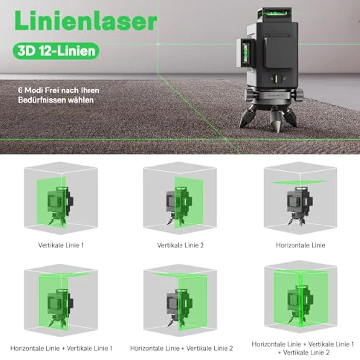 HOTO Kreuzlinienlaser, grüner Laser mit 3x 360° Linien, inkl. Tasche und Stativ, Reichweite max. 30m, IP54 staub- und wassergeschützt – Bild 2