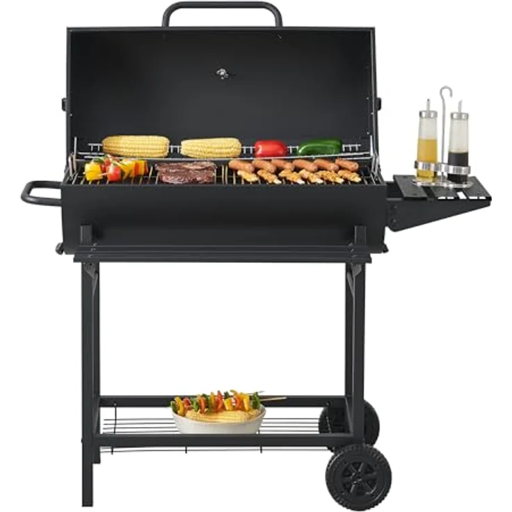 casa.pro Grillwagen Armento Holzkohlegrill mit Deckel BBQ Grillrost aus emailliertem Edelstahl Gartengrill 2 Räder Deckelthermometer 95x108x61cm Schwarz – Bild 3