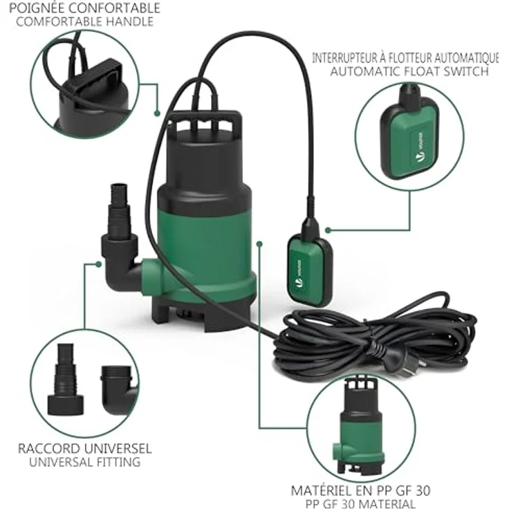 Vounot Schmutzwasserpumpe, Tauchpumpe mit Stufenloser Schwimmerschalter, 750 W - Vounot – Bild 7