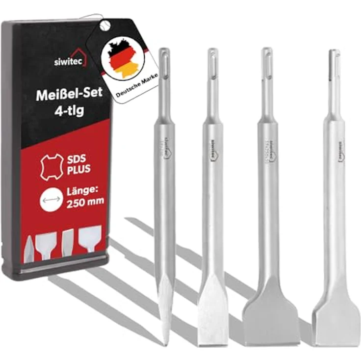 siwitec Betonbohrer SDS-plus Meißel Set, 4-teilig, Flach-, Spitz-, Breit-, Flügelmeißel, 250 mm – Bild 1
