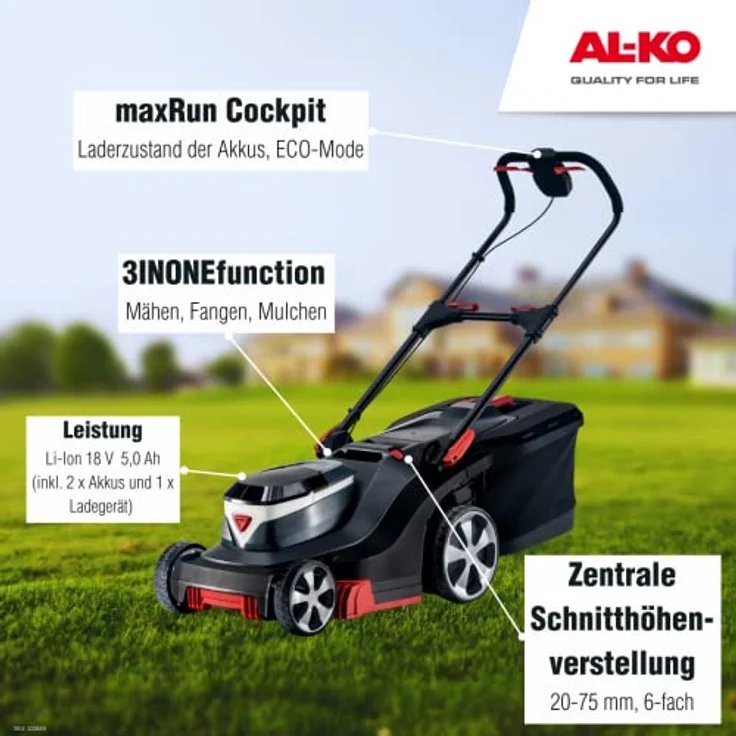 AL-KO 18 V Bosch Home And Garden Compatible Akku-Rasenmäher 382 Li Premium mit 2x Akkus 18 V 5,0 Ah und Ladegerät – Bild 3