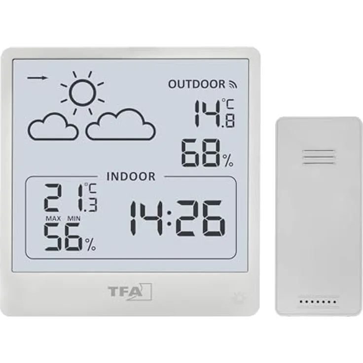 TFA Funk-Wetterstation, Wetterstation mit Innen- und Aussenfeuchtemessung, Reichweite bis 60 m, Mehrfarbig