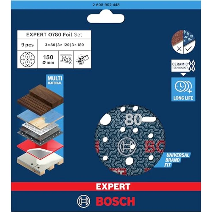 Bosch 9x EXPERT O780 Folienschleifscheiben-Set, 150 mm, 9‑tlg. für Hartholz, Farbe auf Holz, Ø 150 mm, Körnung 3x80, 3x120, 3x180, Professional Zubehör Exzenterschleifer – Bild 2