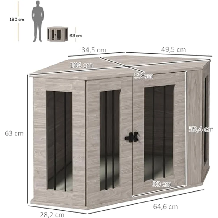 PawHut Hundekäfig, Eckige Hundehütte Hundebox mit Kissen, Hundehaus mit Türriegel, Haustierkäfig für mittelgroße Hunde, Walnuss, 104 x 55 x 63 cm – Bild 5